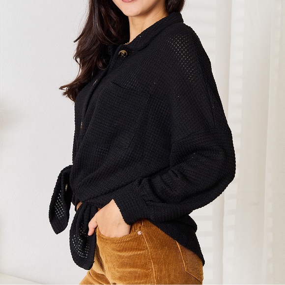 Waffle-Knit Collared Neck Long Sleeve Shacket main image 0